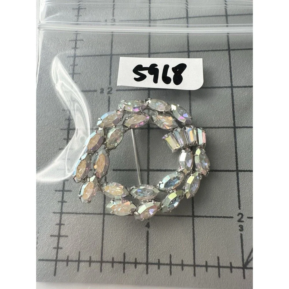 Vintage B. David Aurora Borealis Rhinestone Wreath Brooch Pin Silver Tone Signed